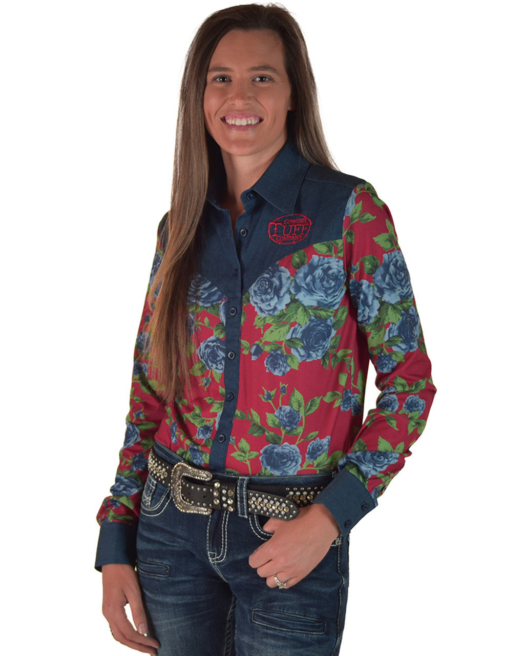 COWGIRL TUFF Pullover Button Up (Blue Roses on Red Jersey Finished with Embroidered Logo on Denim)