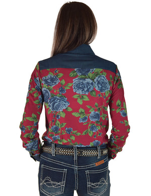 COWGIRL TUFF Pullover Button Up (Blue Roses on Red Jersey Finished with Embroidered Logo on Denim)