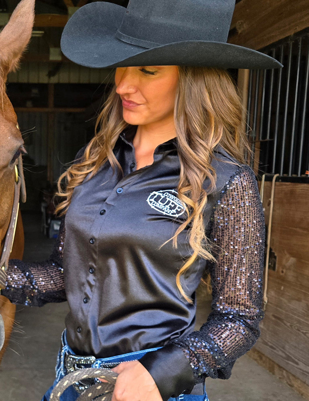 COWGIRL TUFF Pullover Button Up (Black Satin with Sheer Sequin Sleeves and White Embroidered Logo)