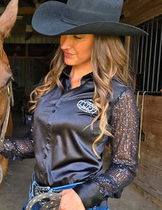 COWGIRL TUFF Pullover Button Up (Black Satin with Sheer Sequin Sleeves and White Embroidered Logo)