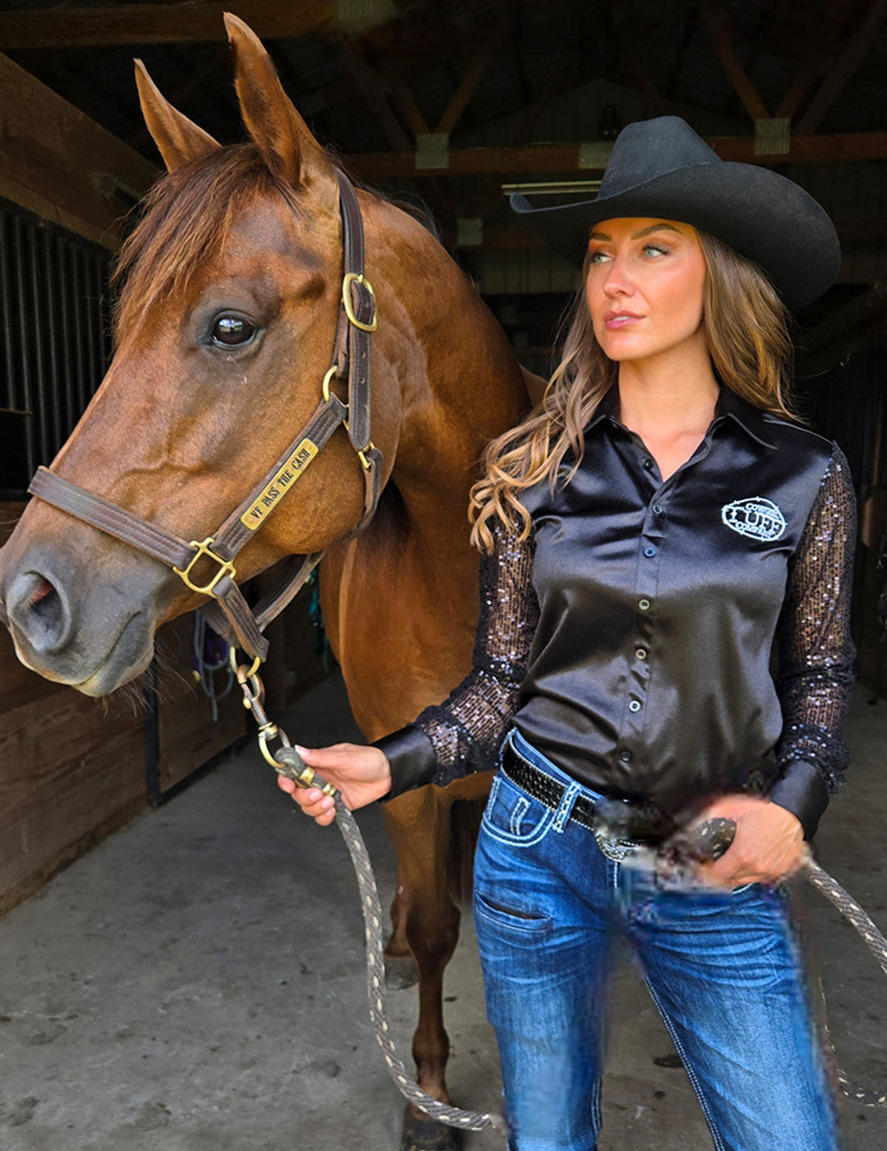 COWGIRL TUFF Pullover Button Up (Black Satin with Sheer Sequin Sleeves and White Embroidered Logo)