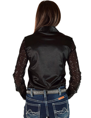 COWGIRL TUFF Pullover Button Up (Black Satin with Sheer Sequin Sleeves and White Embroidered Logo)