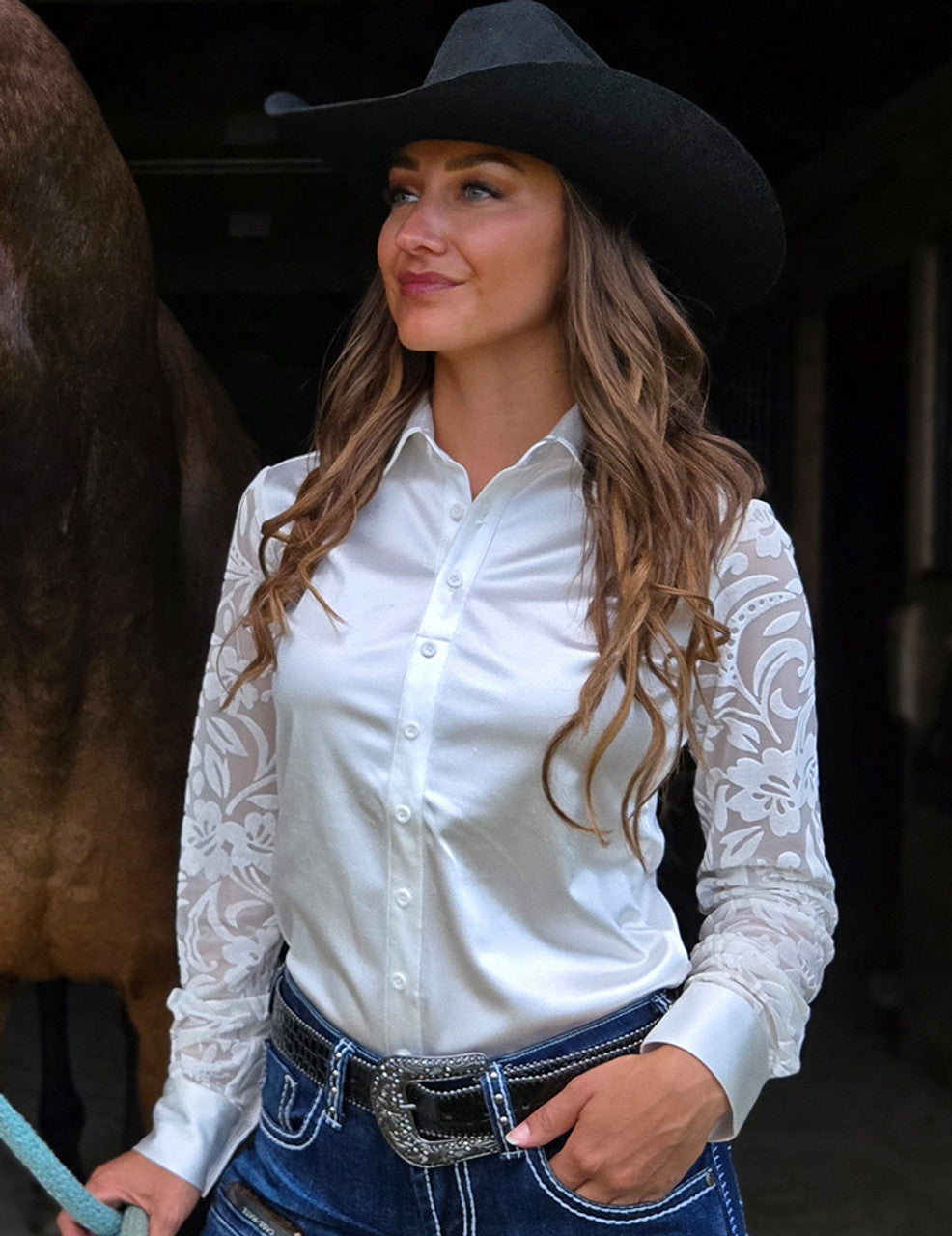COWGIRL TUFF Pullover Button Up (White Satin with Sheer Velvet Floral Sleeves)