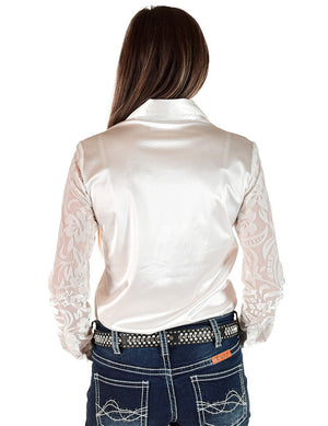 COWGIRL TUFF Pullover Button Up (White Satin with Sheer Velvet Floral Sleeves)