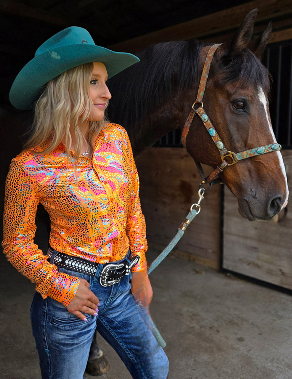 COWGIRL TUFF Pullover Button Up (Bright Orange with Iridescent Colorful Print Lightweight and High Stretch)