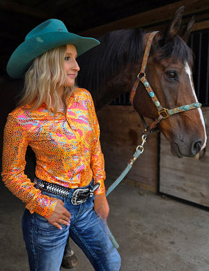 COWGIRL TUFF Pullover Button Up (Bright Orange with Iridescent Colorful Print Lightweight and High Stretch)