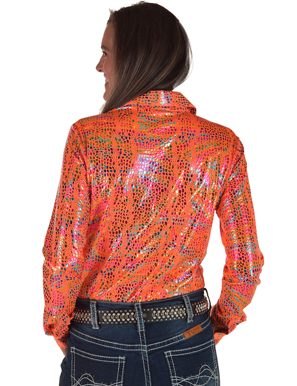 COWGIRL TUFF Pullover Button Up (Bright Orange with Iridescent Colorful Print Lightweight and High Stretch)