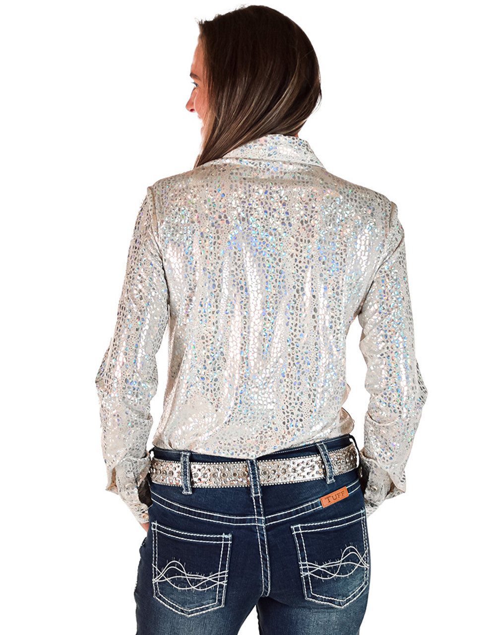 COWGIRL TUFF Pullover Button Up (White with Iridescent Chrome Print Lightweight and High Stretch)