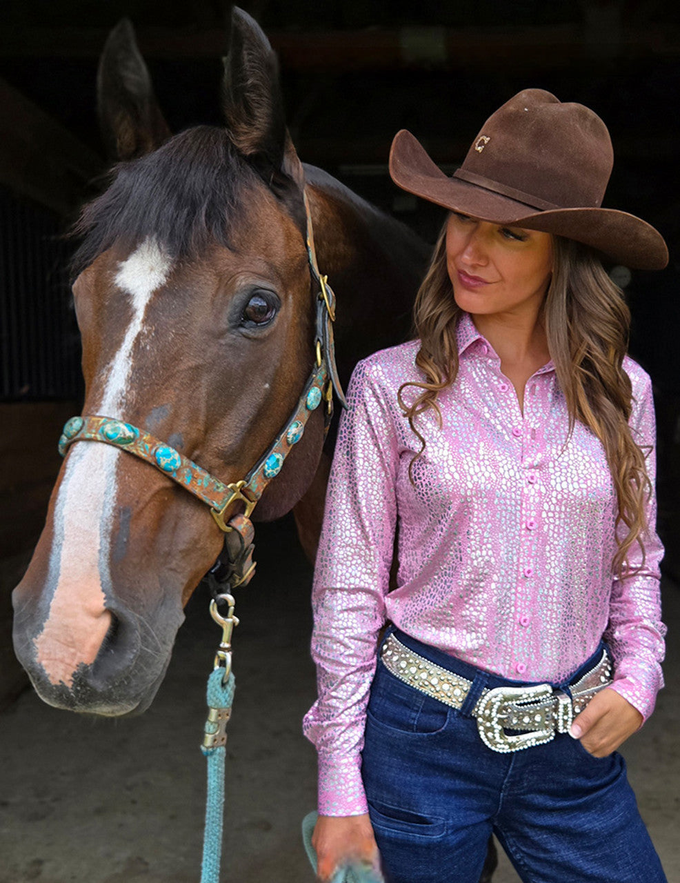 COWGIRL TUFF Pullover Button Up (Soft Pink Iridescent Chrome Print Lightweight and High Stretch)