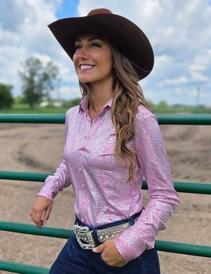 COWGIRL TUFF Pullover Button Up (Soft Pink Iridescent Chrome Print Lightweight and High Stretch)