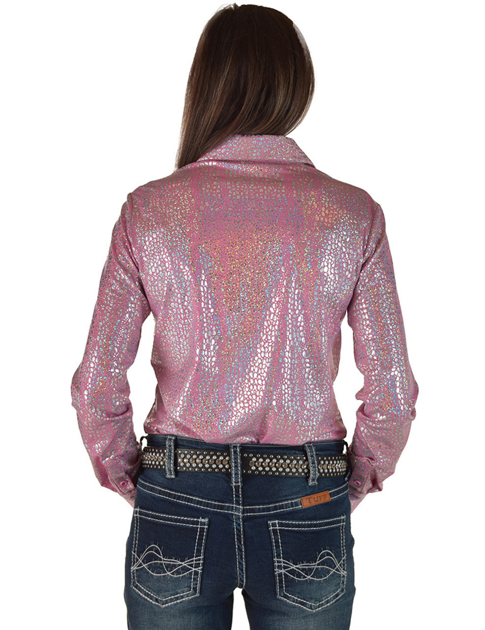 COWGIRL TUFF Pullover Button Up (Soft Pink Iridescent Chrome Print Lightweight and High Stretch)