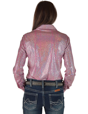 COWGIRL TUFF Pullover Button Up (Soft Pink Iridescent Chrome Print Lightweight and High Stretch)