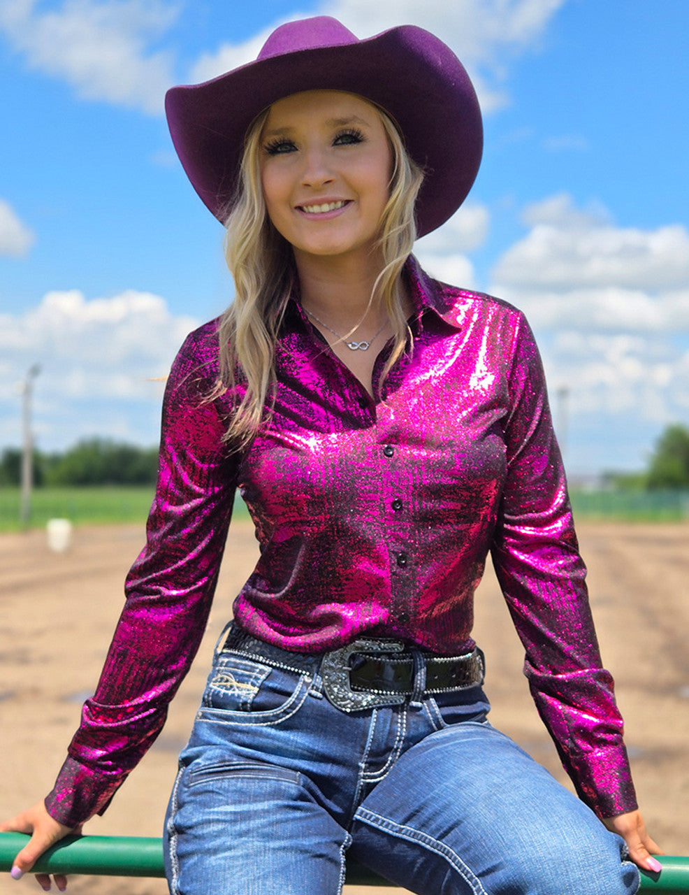 COWGIRL TUFF Pullover Button Up (Hot Pink Foil over Black Shimmer Lightweight and Medium Stretch)