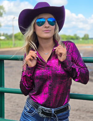 COWGIRL TUFF Pullover Button Up (Hot Pink Foil over Black Shimmer Lightweight and Medium Stretch)