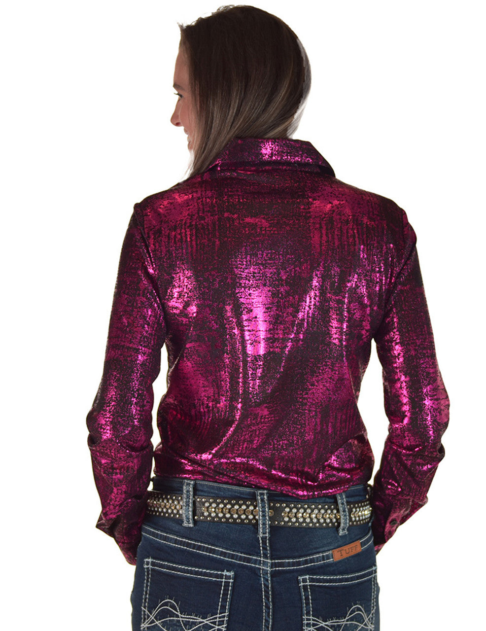 COWGIRL TUFF Pullover Button Up (Hot Pink Foil over Black Shimmer Lightweight and Medium Stretch)