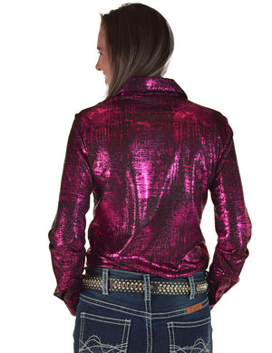 COWGIRL TUFF Pullover Button Up (Hot Pink Foil over Black Shimmer Lightweight and Medium Stretch)
