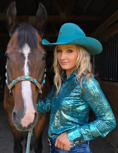 COWGIRL TUFF Pullover Button Up (Bright Turquoise Foil over Dark Turquoise Shimmer Lightweight andMedium Stretch)