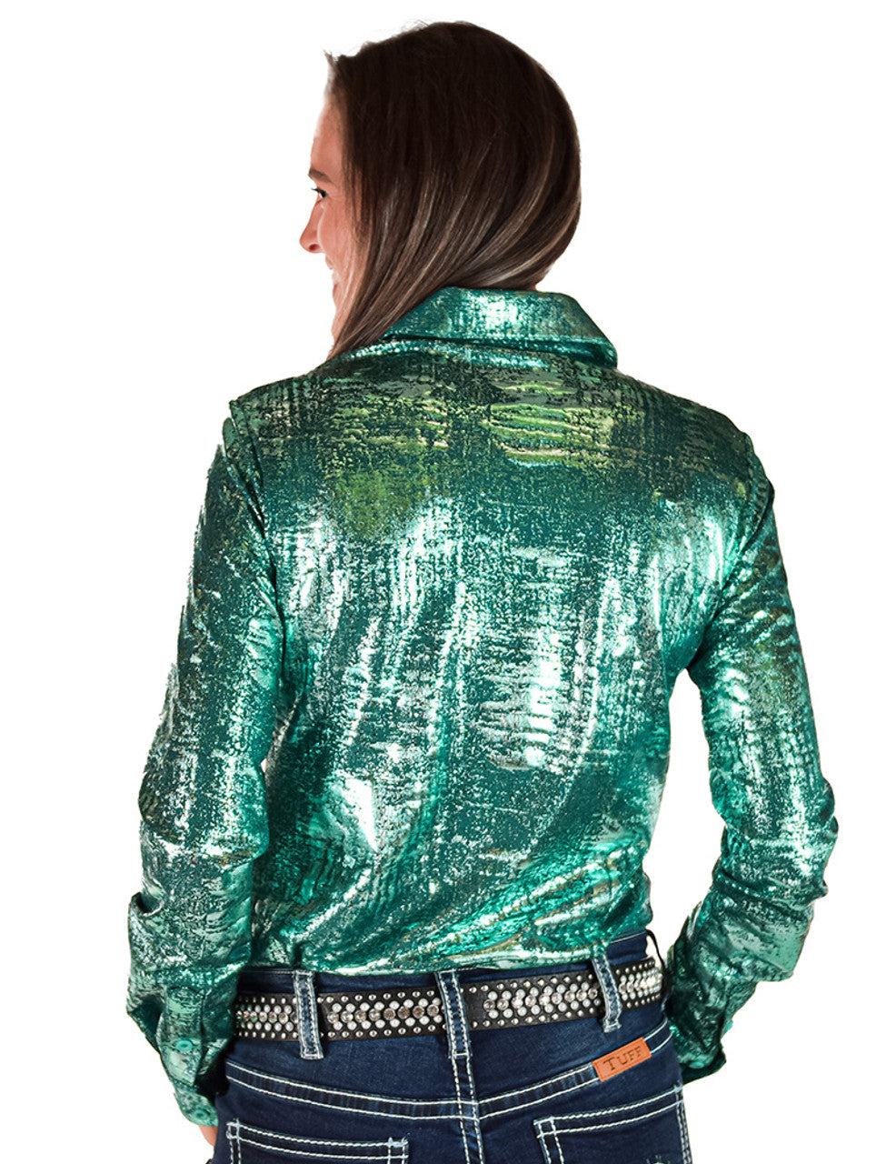 COWGIRL TUFF Pullover Button Up (Bright Turquoise Foil over Dark Turquoise Shimmer Lightweight andMedium Stretch)