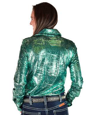 COWGIRL TUFF Pullover Button Up (Bright Turquoise Foil over Dark Turquoise Shimmer Lightweight andMedium Stretch)