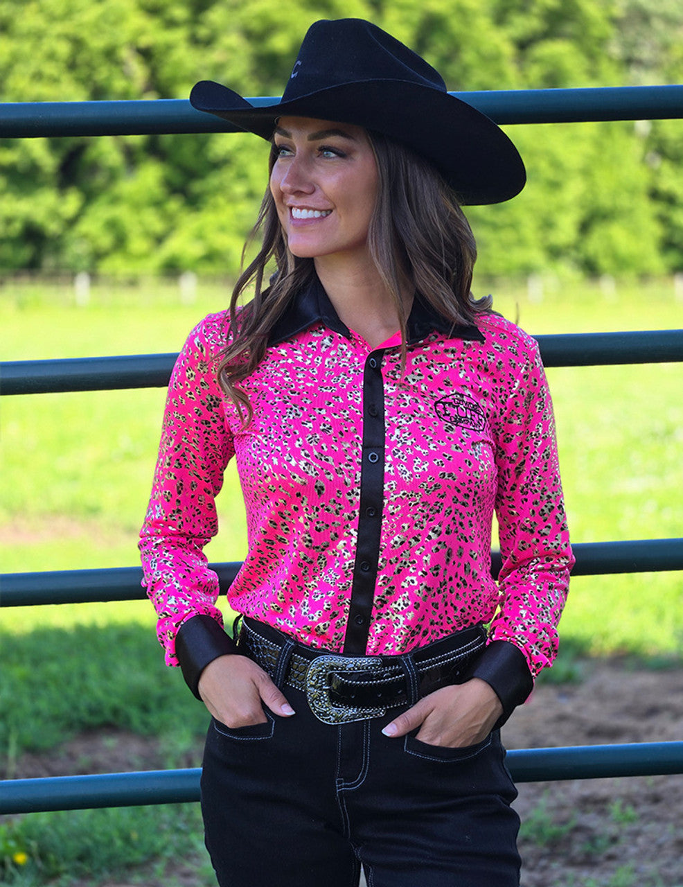 COWGIRL TUFF Pullover Button Up (Hot Pink Leopard Jersey with Black Satin Trim with Black Embroidered Logo)