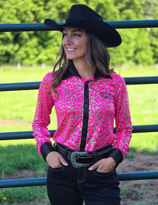 COWGIRL TUFF Pullover Button Up (Hot Pink Leopard Jersey with Black Satin Trim with Black Embroidered Logo)