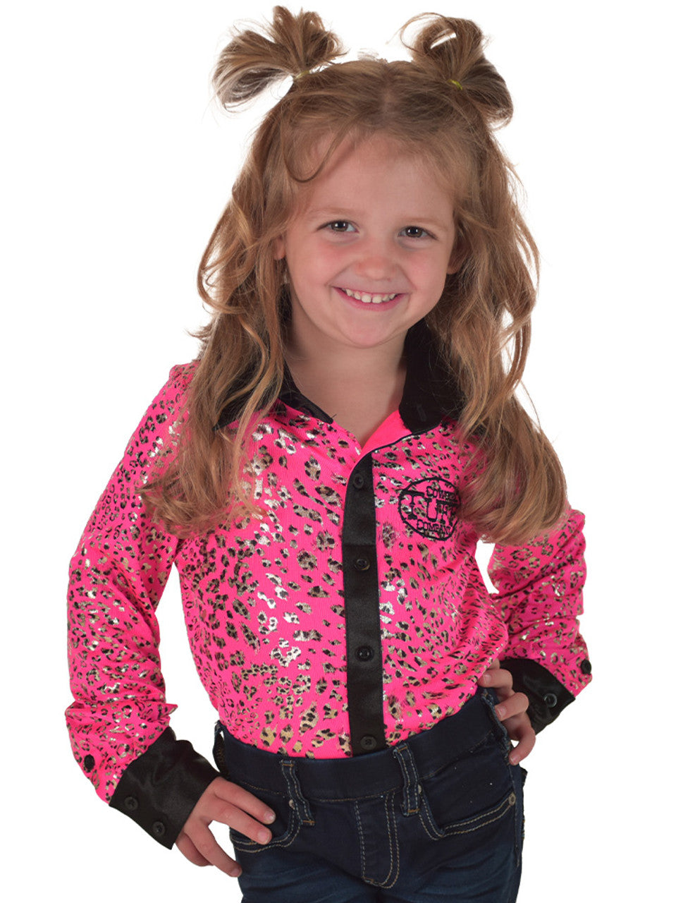 COWGIRL TUFF Girl's Pullover Button Up (Hot Pink Leopard Jersey with Black Satin Trim with Black Embroidered Logo)