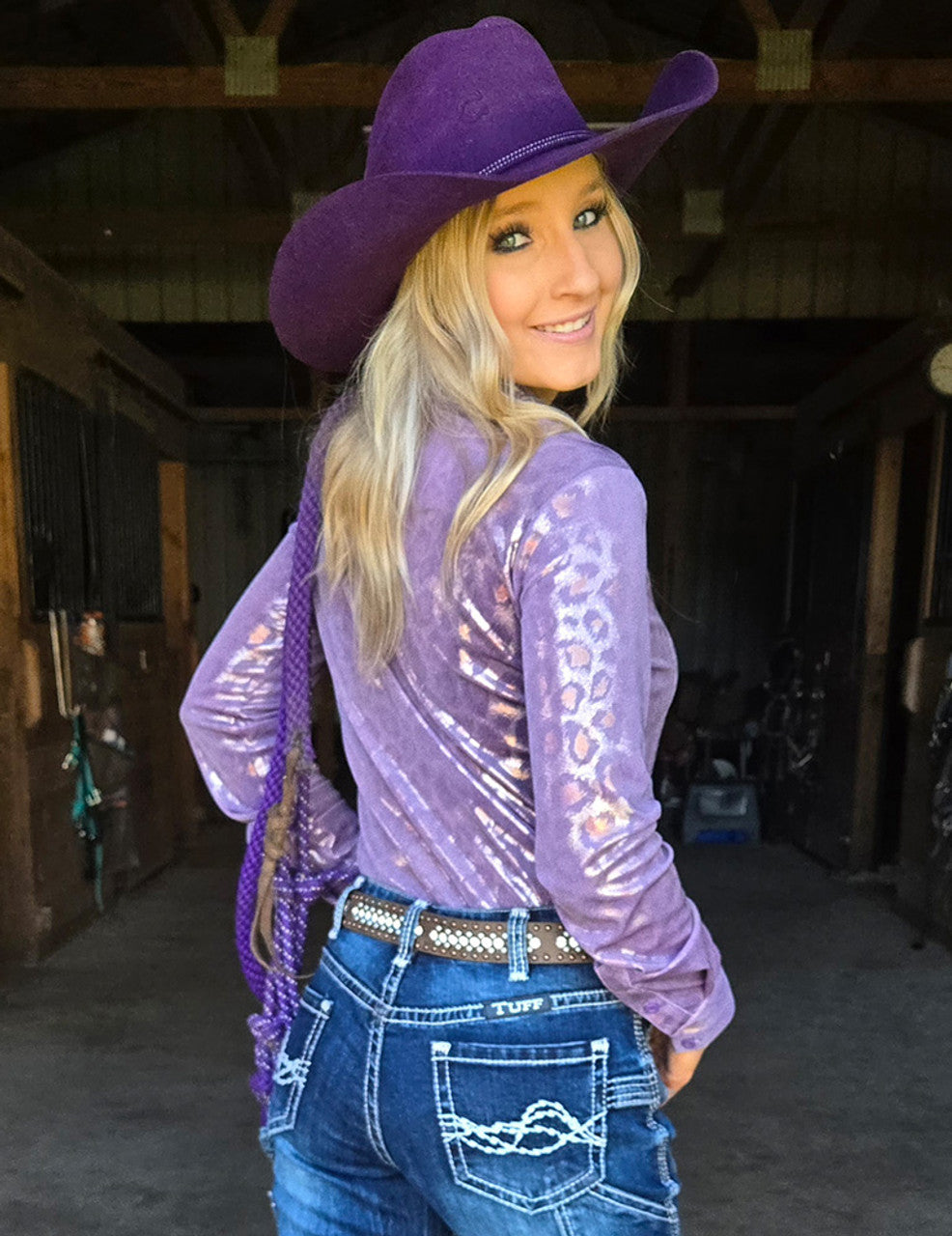 COWGIRL TUFF Pullover Button Up (Soft Lavender Metallic Leopard Shimmer Lightweight High Stretch Jersey)