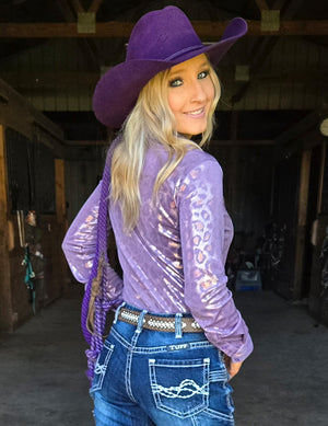 COWGIRL TUFF Pullover Button Up (Soft Lavender Metallic Leopard Shimmer Lightweight High Stretch Jersey)