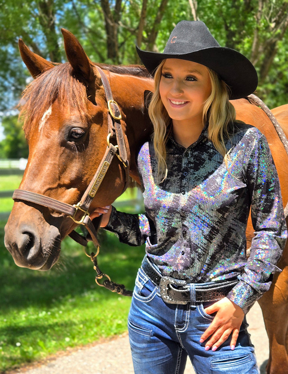 COWGIRL TUFF Pullover Button Up (Iridescent Chrome Swishes Over Black Lightweight Jersey)