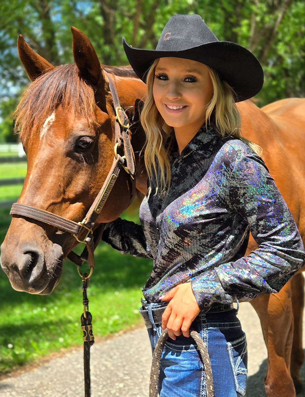 COWGIRL TUFF Pullover Button Up (Iridescent Chrome Swishes Over Black Lightweight Jersey)