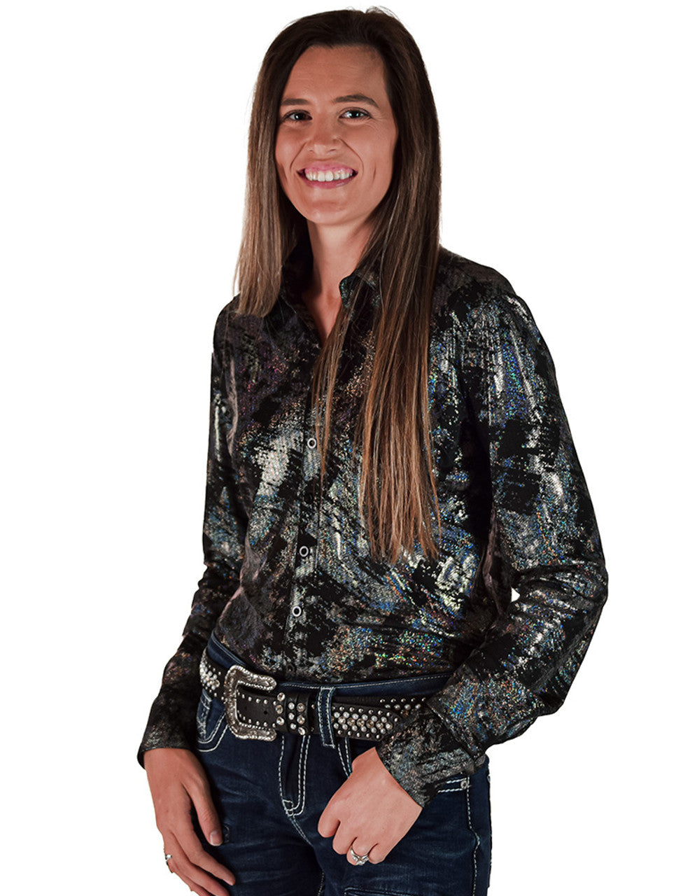 COWGIRL TUFF Pullover Button Up (Iridescent Chrome Swishes Over Black Lightweight Jersey)
