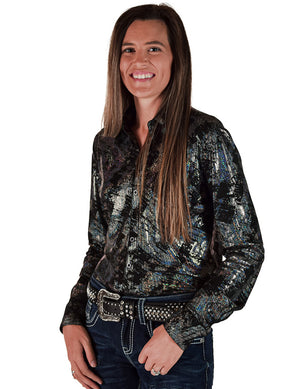 COWGIRL TUFF Pullover Button Up (Iridescent Chrome Swishes Over Black Lightweight Jersey)