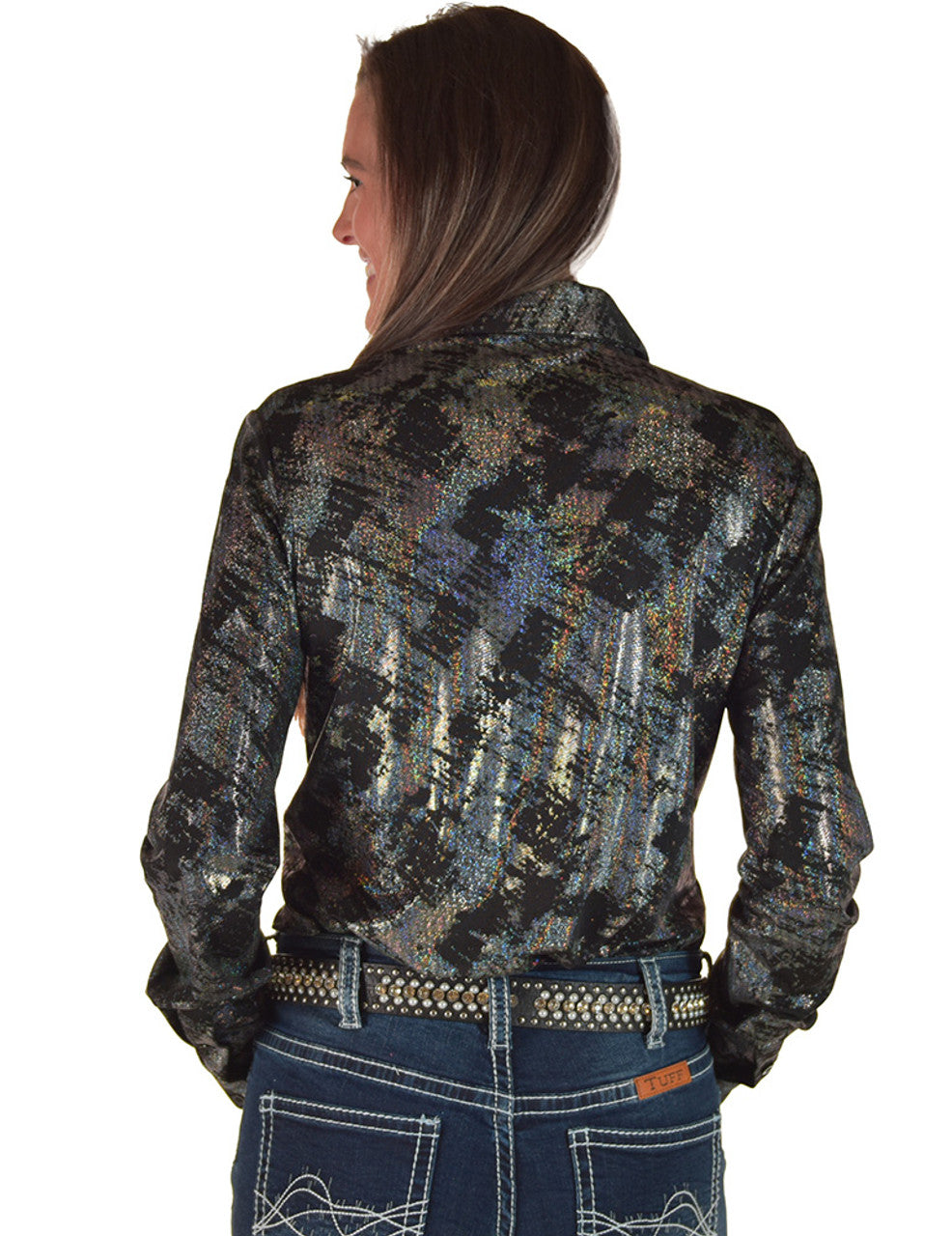 COWGIRL TUFF Pullover Button Up (Iridescent Chrome Swishes Over Black Lightweight Jersey)