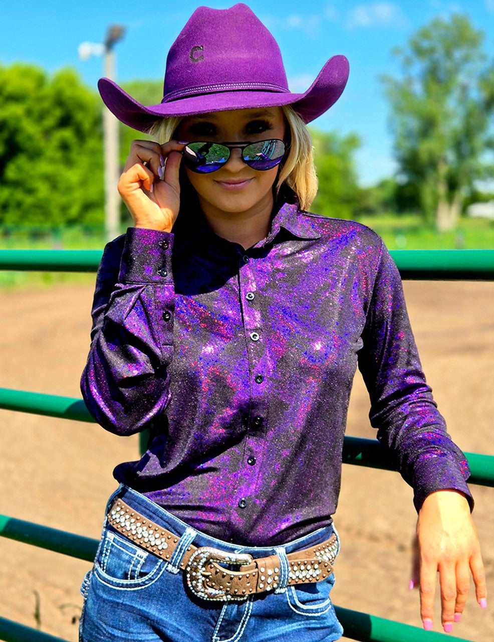 COWGIRL TUFF Pullover Button Up (Dark Purple Iridescent Swishes Over Black)
