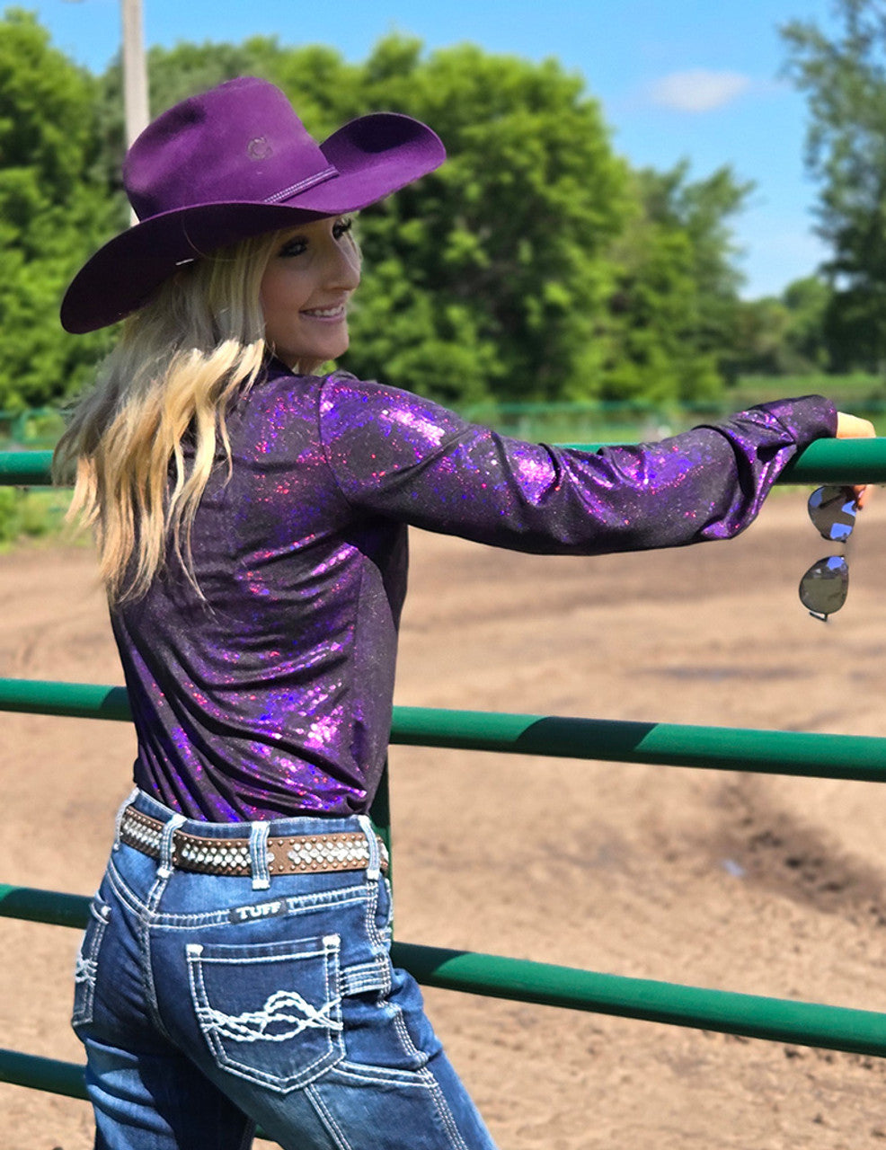 COWGIRL TUFF Pullover Button Up (Dark Purple Iridescent Swishes Over Black)
