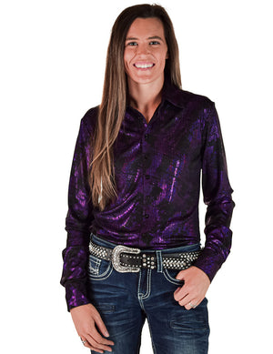 COWGIRL TUFF Pullover Button Up (Dark Purple Iridescent Swishes Over Black)