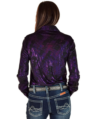 COWGIRL TUFF Pullover Button Up (Dark Purple Iridescent Swishes Over Black)
