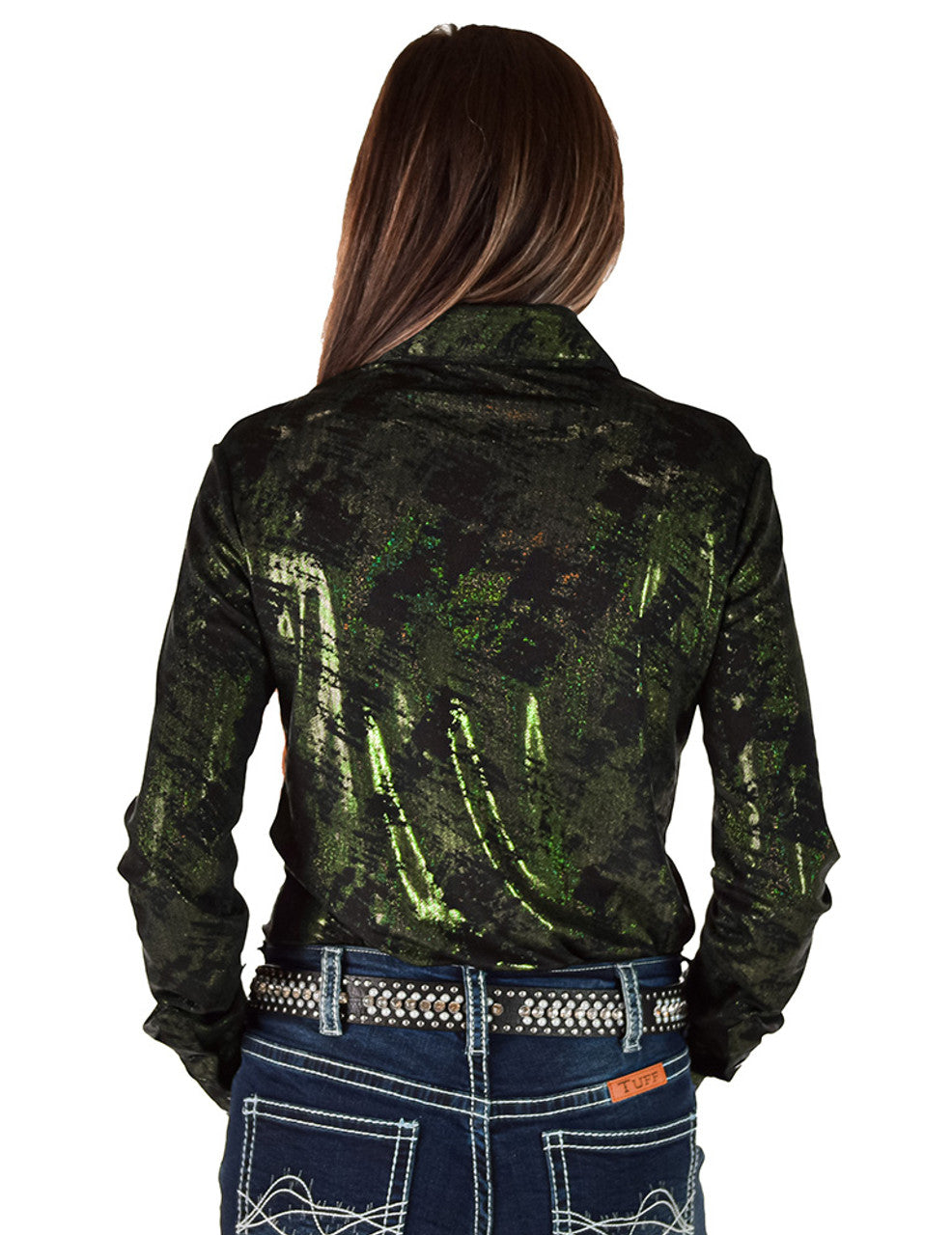COWGIRL TUFF Pullover Button-Up (Green Iridescent Swishes Over Black)