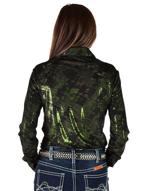 COWGIRL TUFF Pullover Button-Up (Green Iridescent Swishes Over Black)