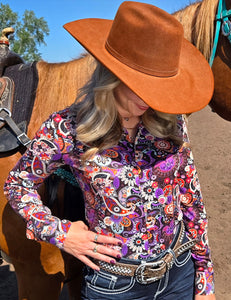 COWGIRL TUFF Multi Colored Paisley Stretch Midweight Jersey Pullover Button Up