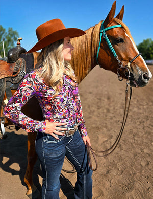 COWGIRL TUFF Multi Colored Paisley Stretch Midweight Jersey Pullover Button Up