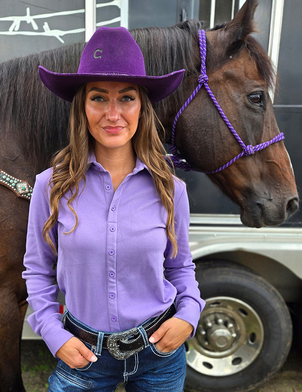 COWGIRL TUFF Lavendar Fleece Stetch Pullover Button Up Heavyweight