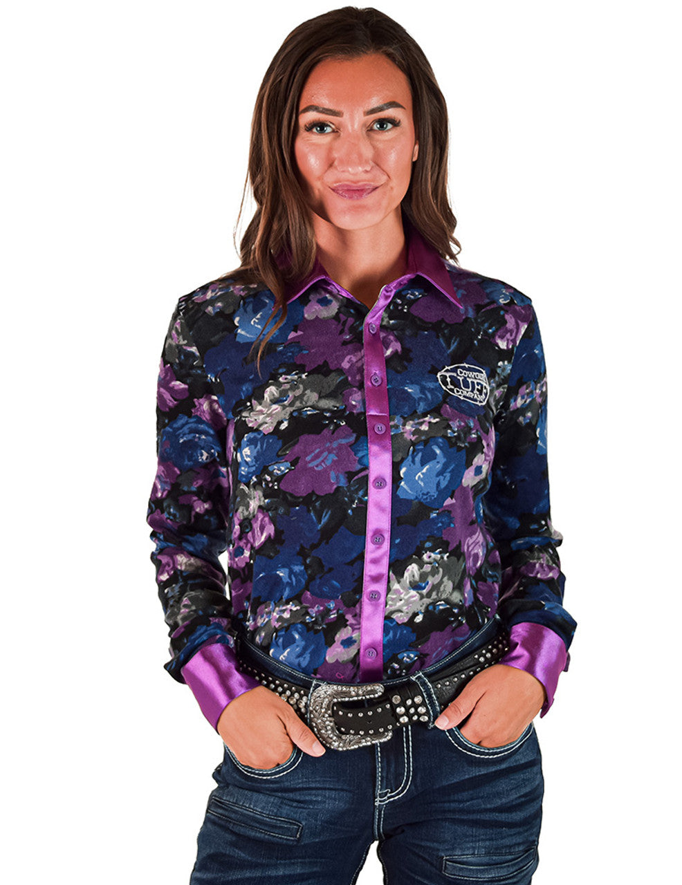 COWGIRL TUFF Lavendar Floral Stretch Midweight Jersey Pullover Button Up