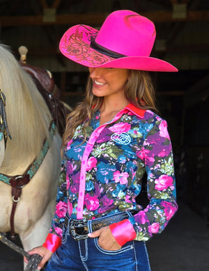 COWGIRL TUFF Hot Pink Floral Stretch Midweight Jersey Pullover Button Up