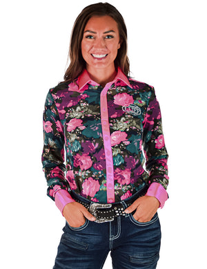 COWGIRL TUFF Hot Pink Floral Stretch Midweight Jersey Pullover Button Up
