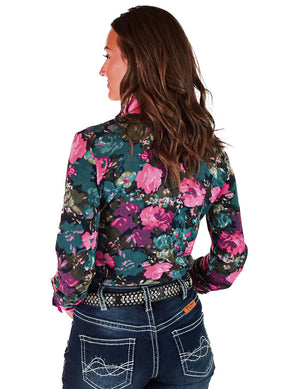 COWGIRL TUFF Hot Pink Floral Stretch Midweight Jersey Pullover Button Up
