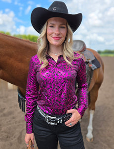 COWGIRL TUFF Hot Pink & Black Iridescent Metallic Stretch Midweight Jersey Pullover Button Up