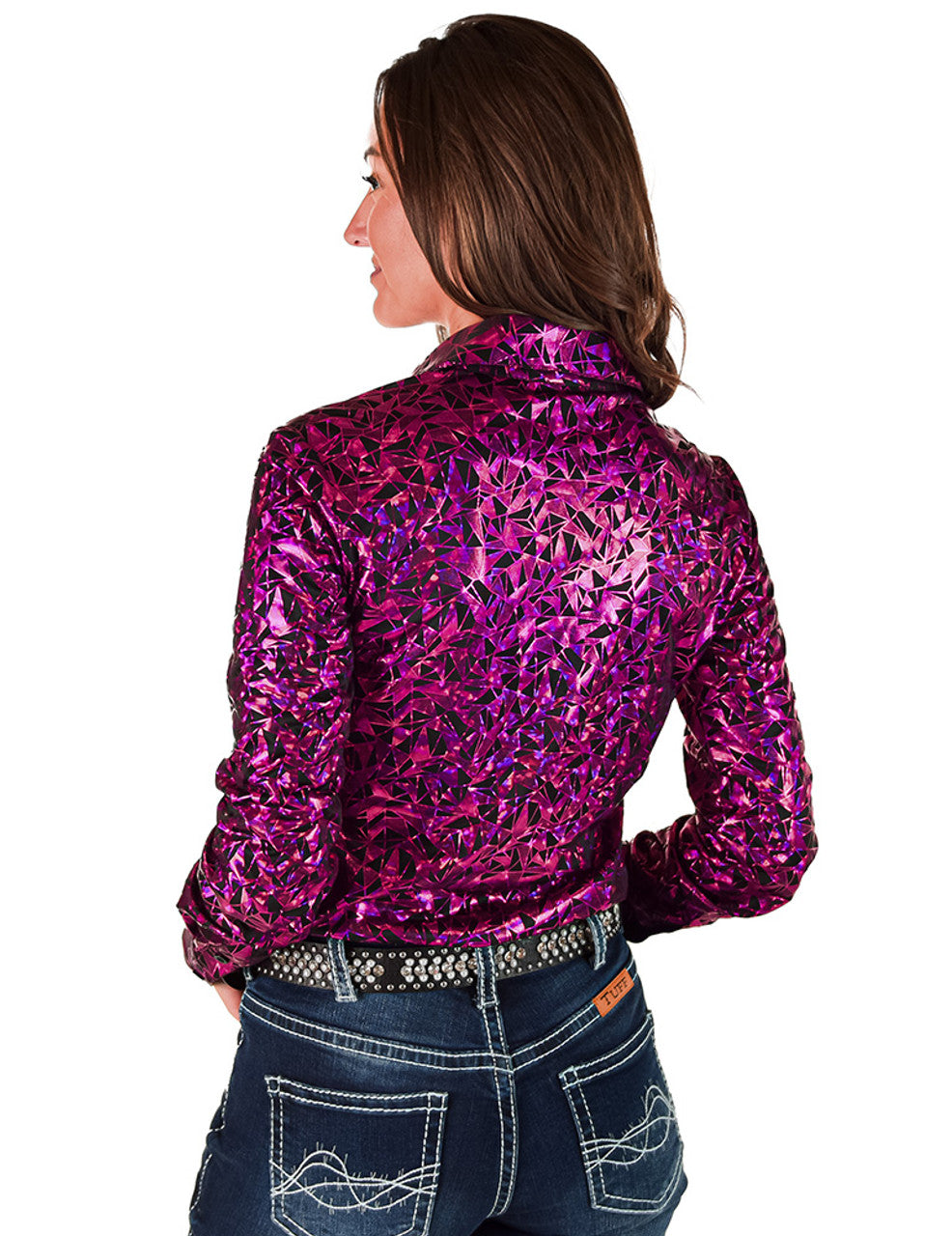 COWGIRL TUFF Hot Pink & Black Iridescent Metallic Stretch Midweight Jersey Pullover Button Up