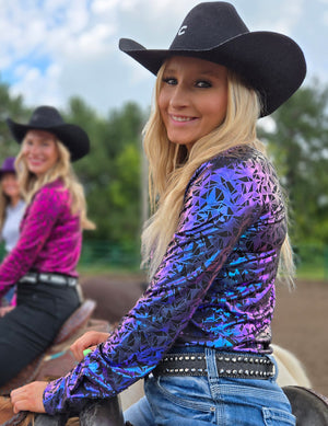 COWGIRL TUFF Purple & Teal Iridescent Metallic Stretch Lightweight Pullover Button Up