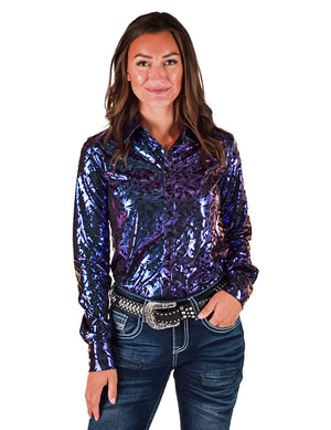 COWGIRL TUFF Purple & Teal Iridescent Metallic Stretch Lightweight Pullover Button Up